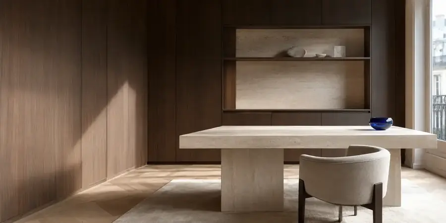 Espace de consultation contemporain en pierre claire et bois sombre